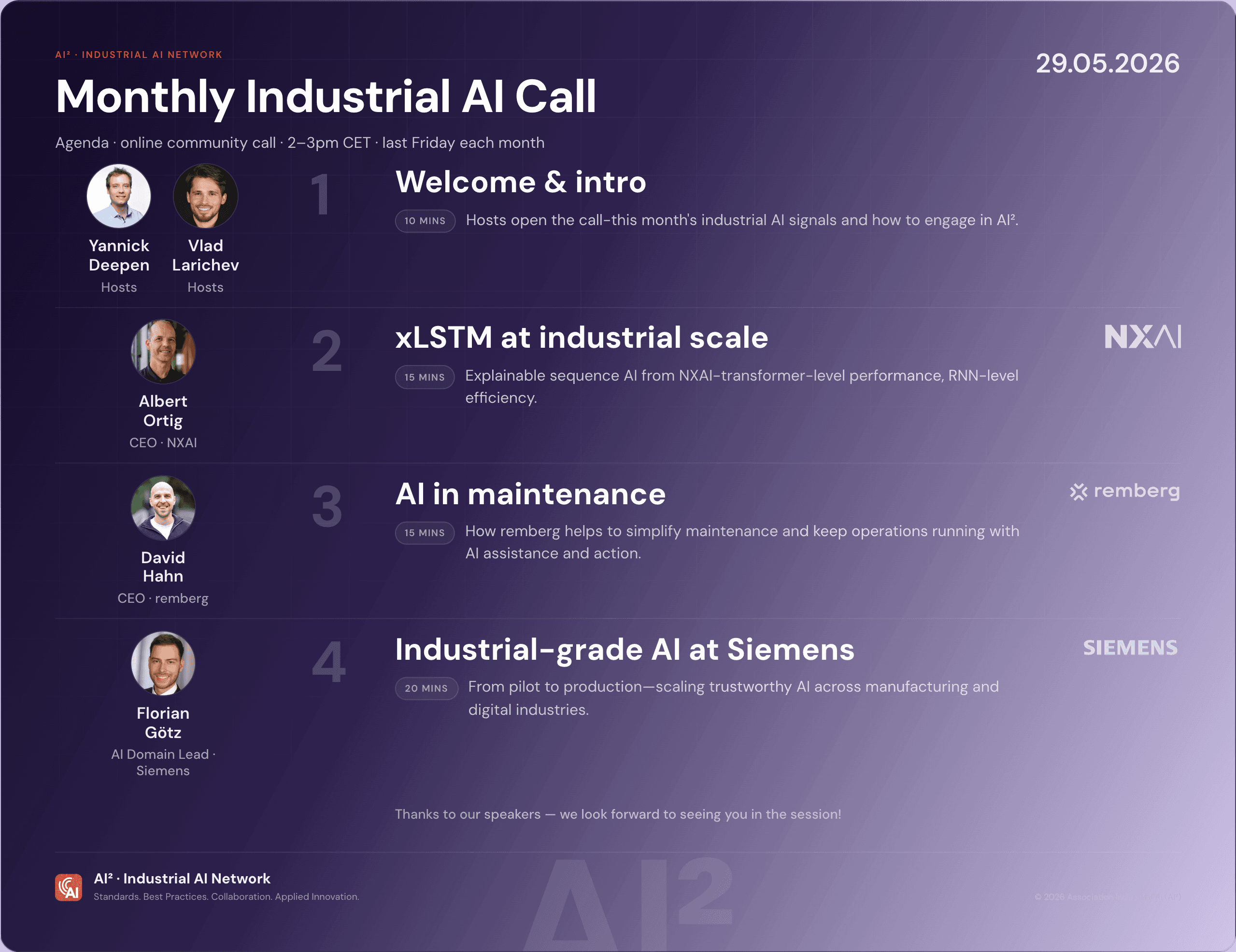 Agenda for the Monthly Industrial AI Call on 29.05.2026